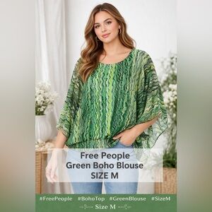 ECI Green Wavy Boho Blouse Sheer Overlay Flowy Top Women Size M